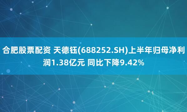 合肥股票配资 天德钰(688252.SH)上半年归母净利润1.38亿元 同比下降9.42%